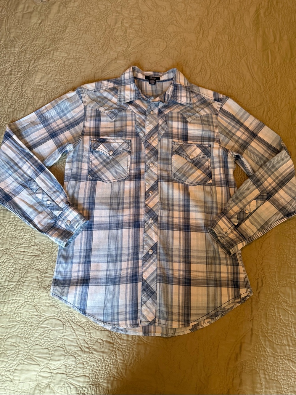 Arizona Jean Co. Blue Plaid Western Cowgirl Scalloped Yoke Pearl Snap Shirt, S - Picture 5 of 13